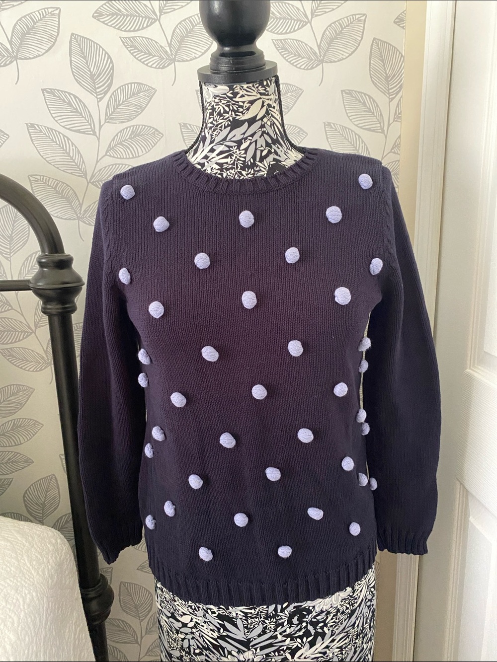 Women’s Talbots Petite navy blue 3/4 sleeve sweater with Pom Pom details
